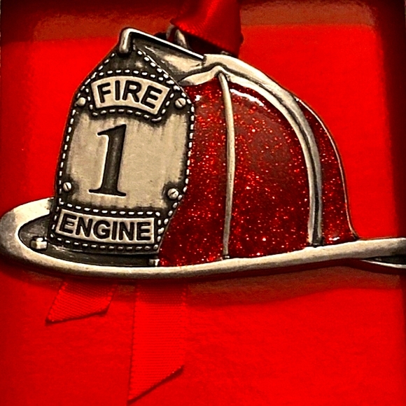 Christmas Tree Ornament Red Glitter/Pewter Trim Firefighter's Helmet Made In USA - Picture 9 of 9